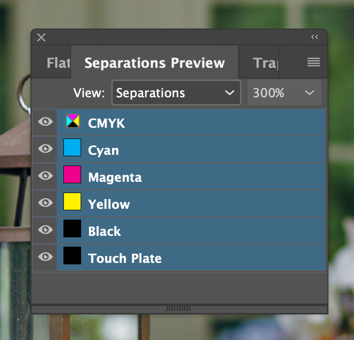Touch Plate Demo: Adobe InDesign: View Separations Preview: Granite Bay Graphic Design