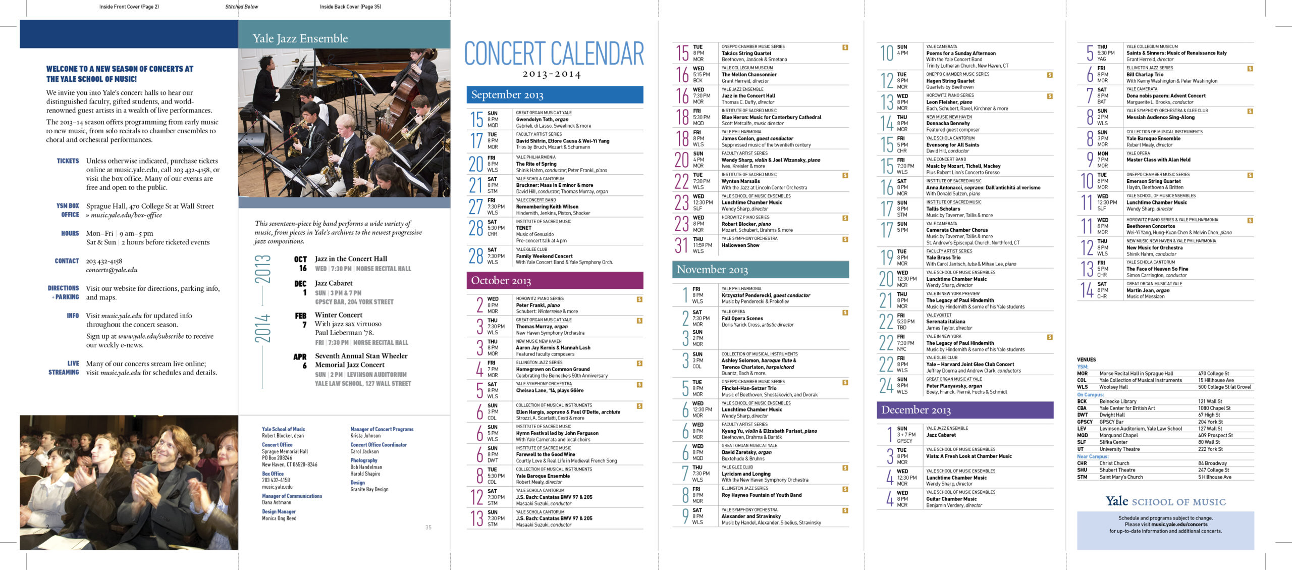 Music at Yale University Season Program / Schedule / Calendar by Granite Bay Graphic Design: 6-Panel Foldout