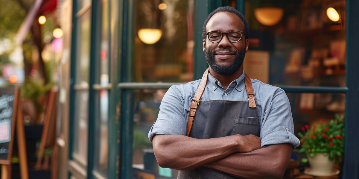 African American small business owner proudly standing in front of their shop