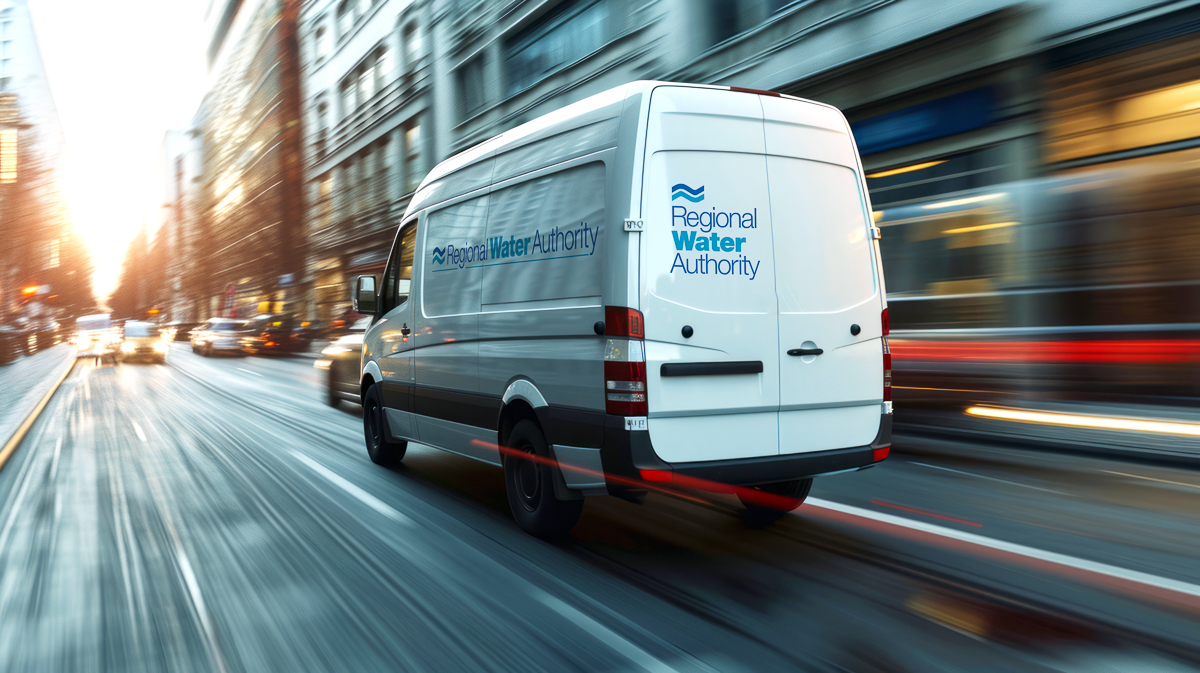 A white van is moving fast on a city road. White delivery and logistics machine