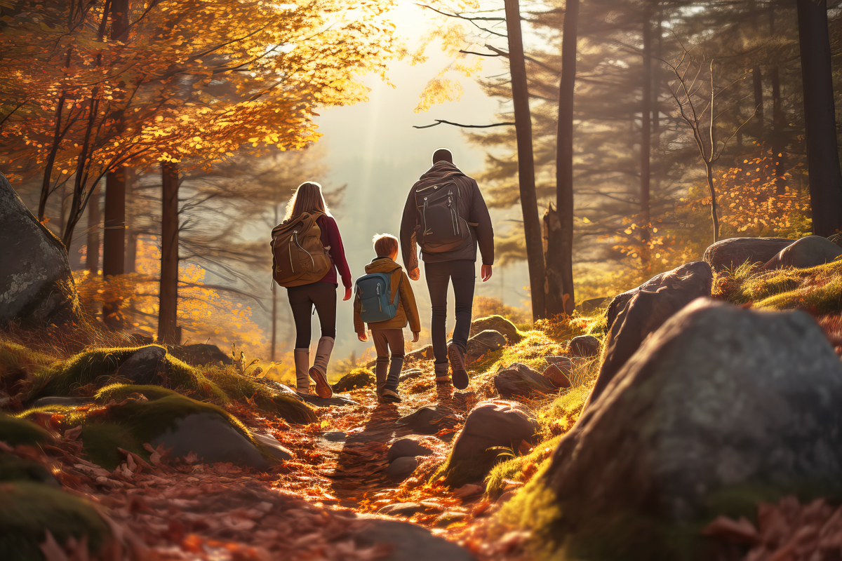 Faceless family walking hike through colorful autumn forest. Rear view of parents and child walking on trail