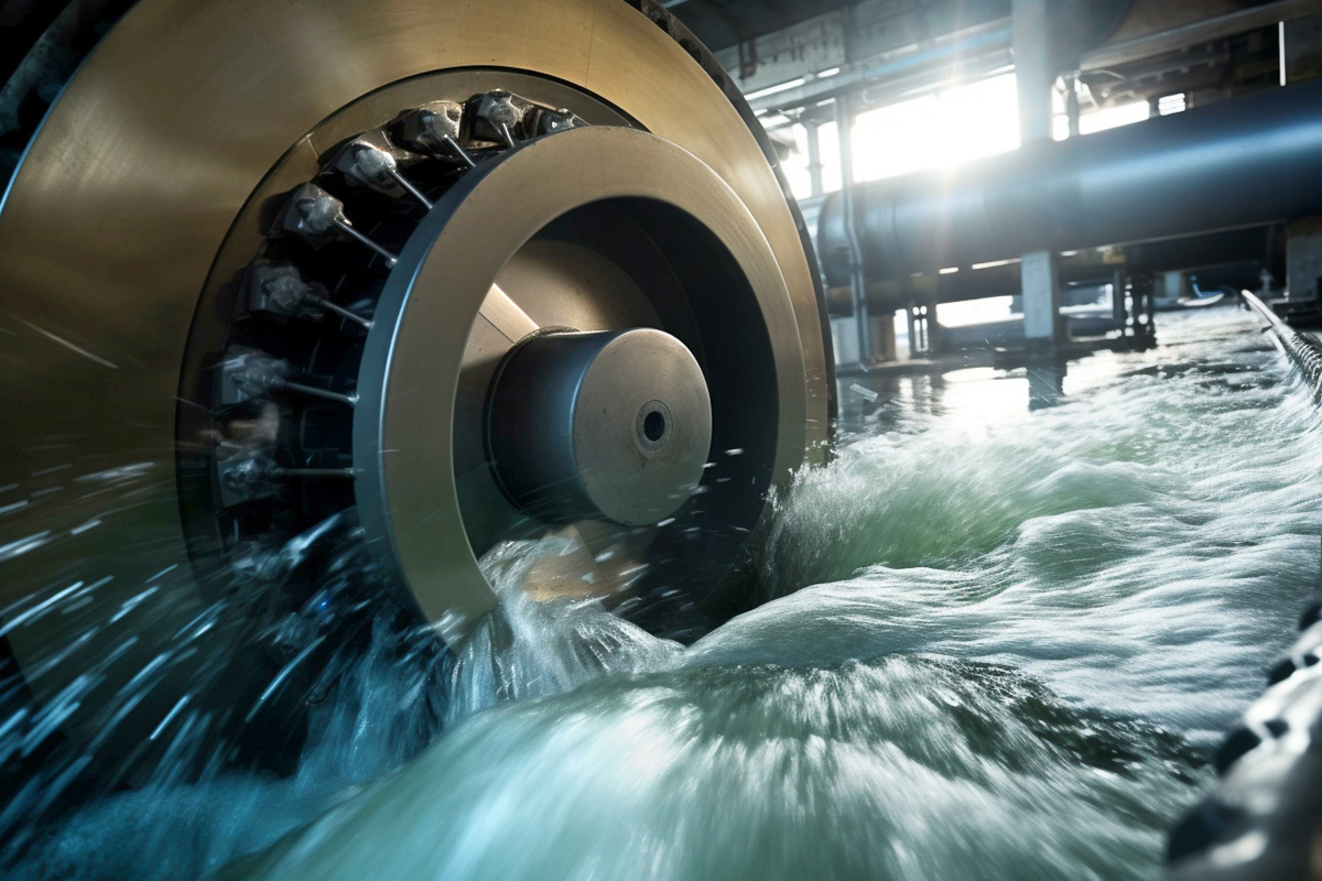 Spinning turbine in hydroelectric power plant, rushing water in background. Generative AI